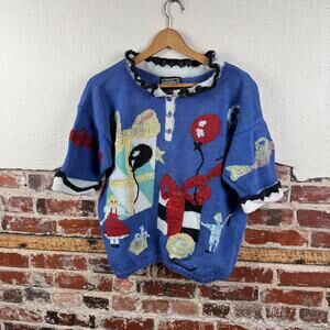 Vintage Berek Sweater Womens Small Blue Hand Knit Cotton Birthday Balloons 90s